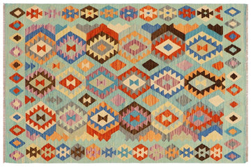 Flat Weave Kilim, Antique, Navaho, Vintage, Handmade, Geometric Kilim Blue Rust Hand-Woven Rectangle 100% Wool Area Rug 5 x 6